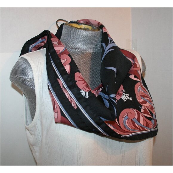 Vtg Carson Pirie Scott & Co Black/Pink/Blue Abstract Floral Silk Scarf - Picture 4 of 7
